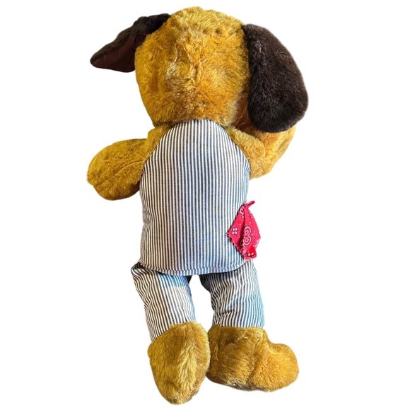 Vintage Knickerbocker Plush Dog In Striped Overalls With Red Bandana 16" Stuffed - Picture 3 of 9